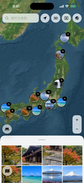 日本各地の写真を円形ピンと一覧で表示するTraceBackの地図画面